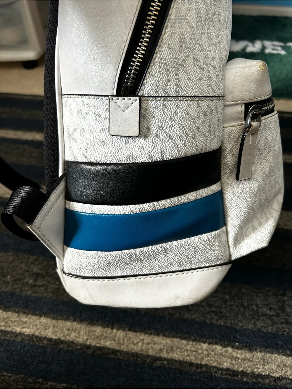 Michael Kors White MK Logo Backpack with Blue Accents